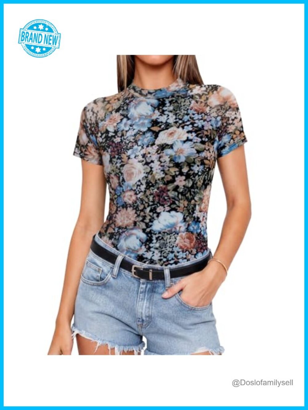 Women's Floral Mesh Sheer Short Sleeve Mock Neck Blouse
